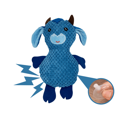  Een blauwe hondenknuffel in de vorm van een uil met piepmechanisme, weergegeven door bliksemschichten.