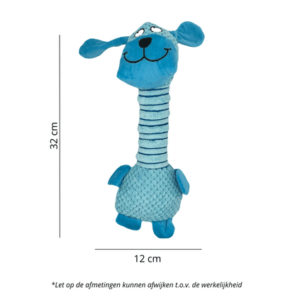 Blauwe pluchen knuffelhond met lange nek en piepgeluid. afmetingen zijn 32  cm bij 12 cm, perfect voor speelplezier!

