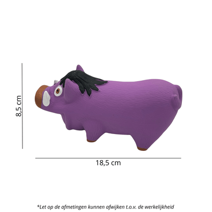 Een close-up van een paars latex zwijnenspeeltje met afmetingen van 18,5 cm lang en 8,5 cm hoog, geschikt voor honden.