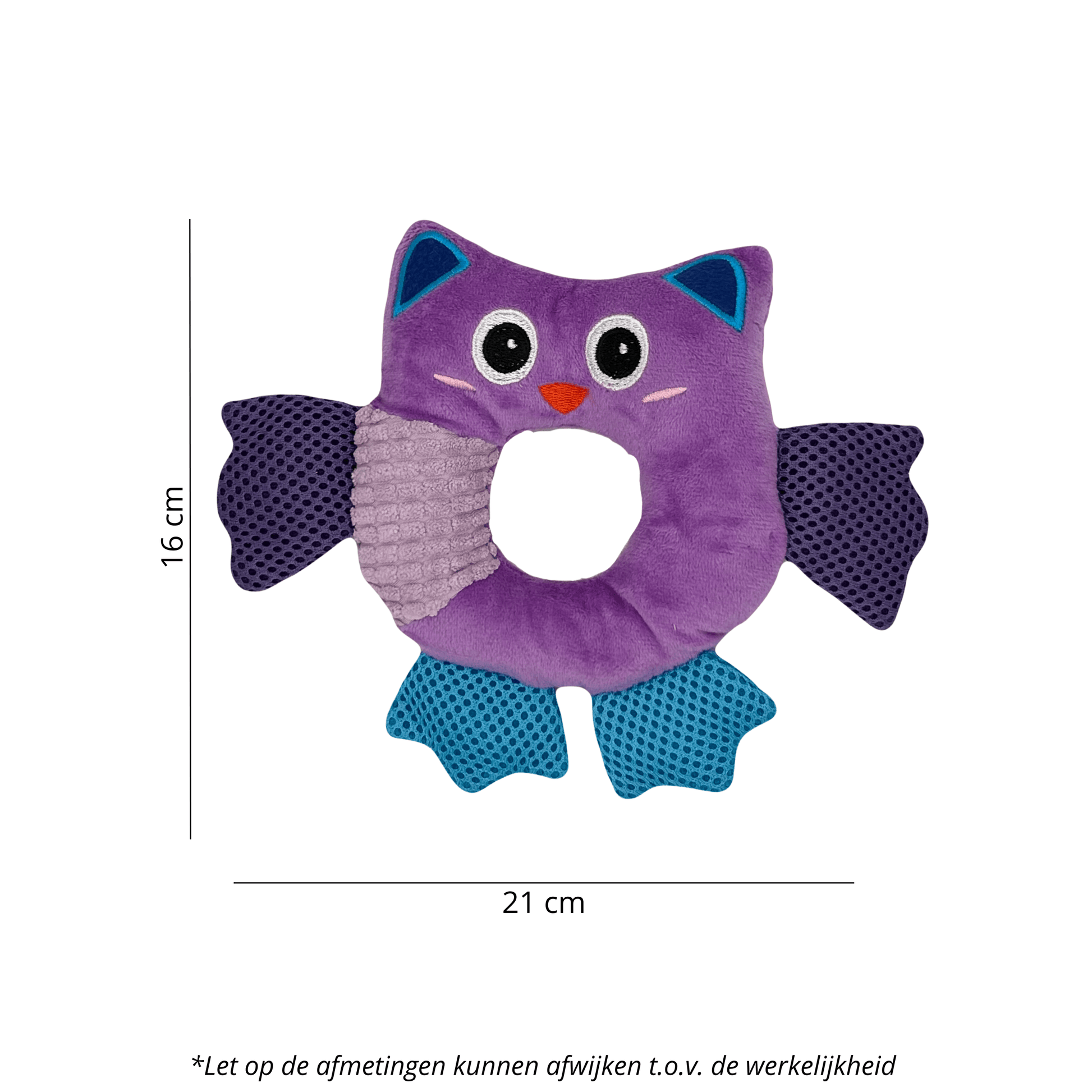 Een pluche hondenspeeltje in de vorm van een uilring met een diameter van 21 cm en een hoogte van 16 cm.