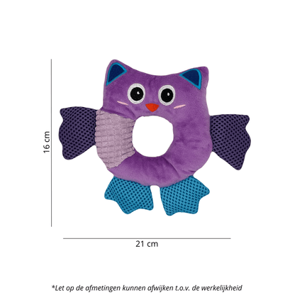 Een pluche hondenspeeltje in de vorm van een uilring met een diameter van 21 cm en een hoogte van 16 cm.