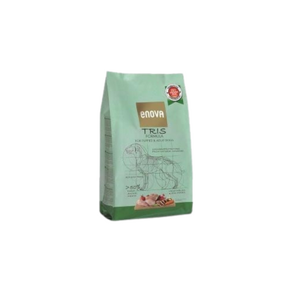 Kleine zak Enova Tris Formula hondenbrokken, uitgebalanceerde voeding voor honden met allergieën. Hoog eiwitgehalte.