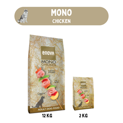 Enova Mono Chicken hondenvoer in 12 kg en 2 kg verpakkingen, kip als enige eiwitbron, ondersteunt de spijsvertering.