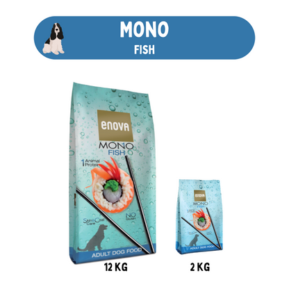 Enova Mono Fish hondenvoer in 12 kg en 2 kg verpakkingen, rijk aan Omega-3 en Omega-6 voor een gezonde vacht.