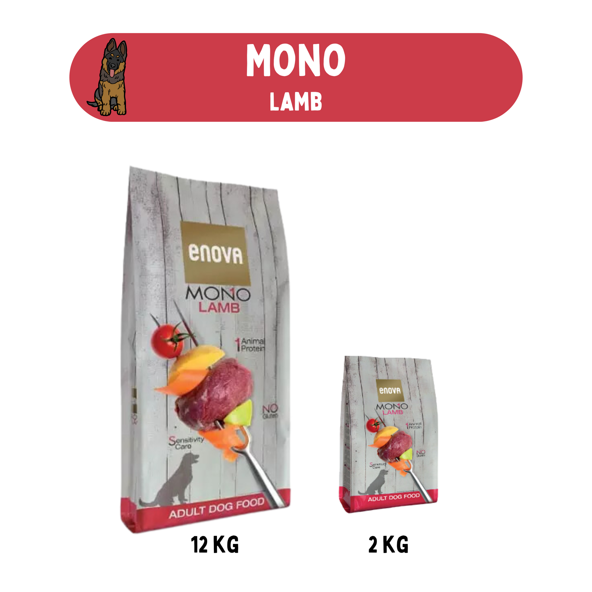 Enova Mono Lamb hondenvoer in 12 kg en 2 kg verpakkingen, speciaal voor gevoelige honden.