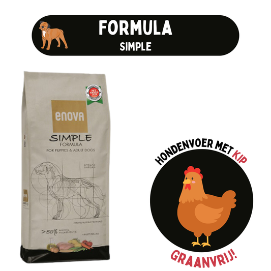 Zak Enova Simple Formula hondenvoer met kip, graanvrij en geschikt voor puppy's en volwassen honden.