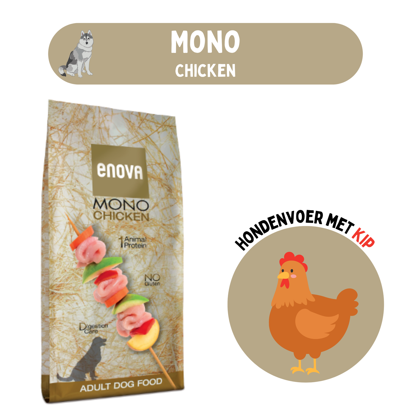 Enova Mono Chicken hondenvoer, 1 eiwitbron (kip), glutenvrij en licht verteerbaar, ideaal voor gevoelige honden.