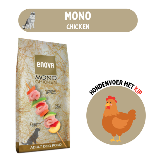 Enova Mono Chicken hondenvoer, 1 eiwitbron (kip), glutenvrij en licht verteerbaar, ideaal voor gevoelige honden.