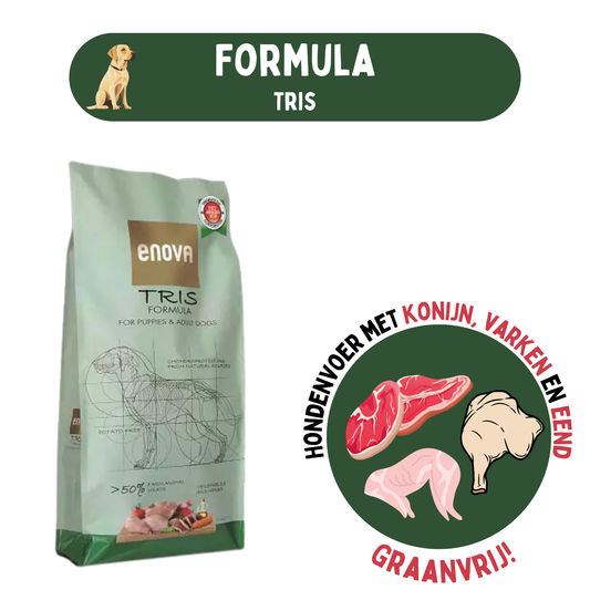 Enova Tris Formula hondenvoer, graanvrij, met konijn, varkensvlees en eend. Geschikt voor puppy’s en volwassen honden.