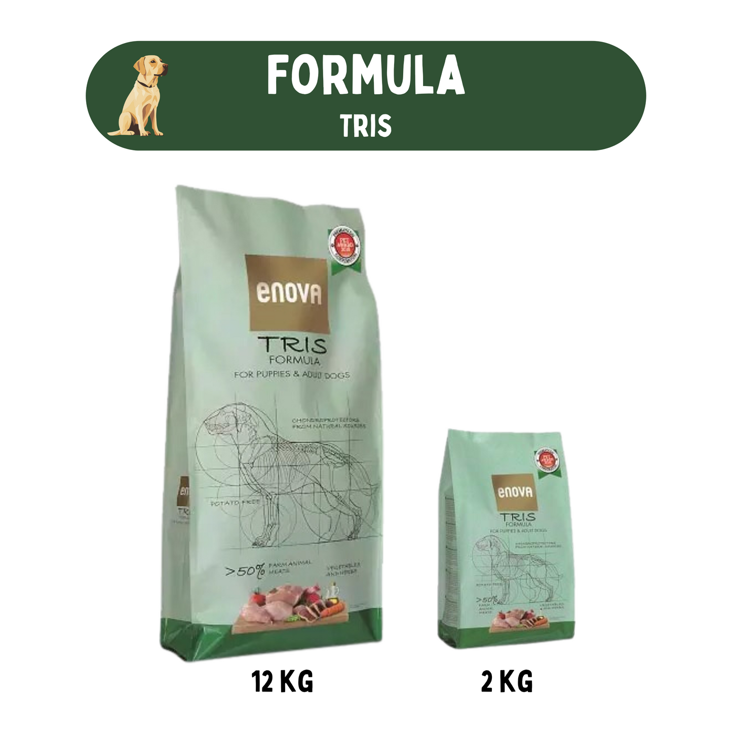 Enova Tris Formula hondenvoer in verpakkingen van 12 kg en 2 kg, rijk aan dierlijke eiwitten en vrij van granen en aardappel.