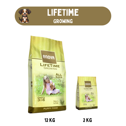 Twee formaten van Enova Mono Lamb hondenvoer, 2 kg en 12 kg, met afbeelding van een stuk lamsvlees en groenten.
