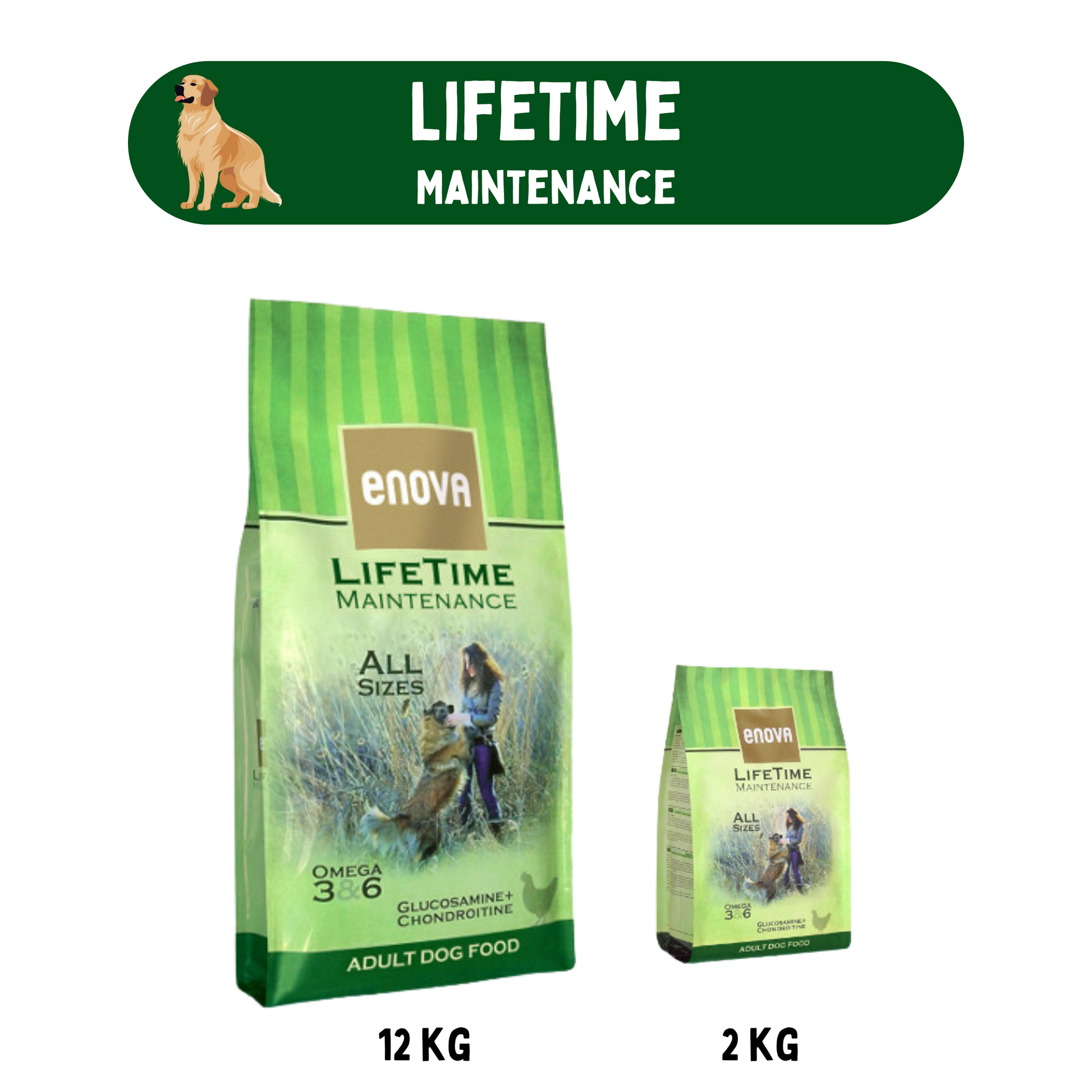 Enova LifeTime Maintenance hondenvoer in twee formaten: 12 kg en 2 kg, voor honden van alle groottes.