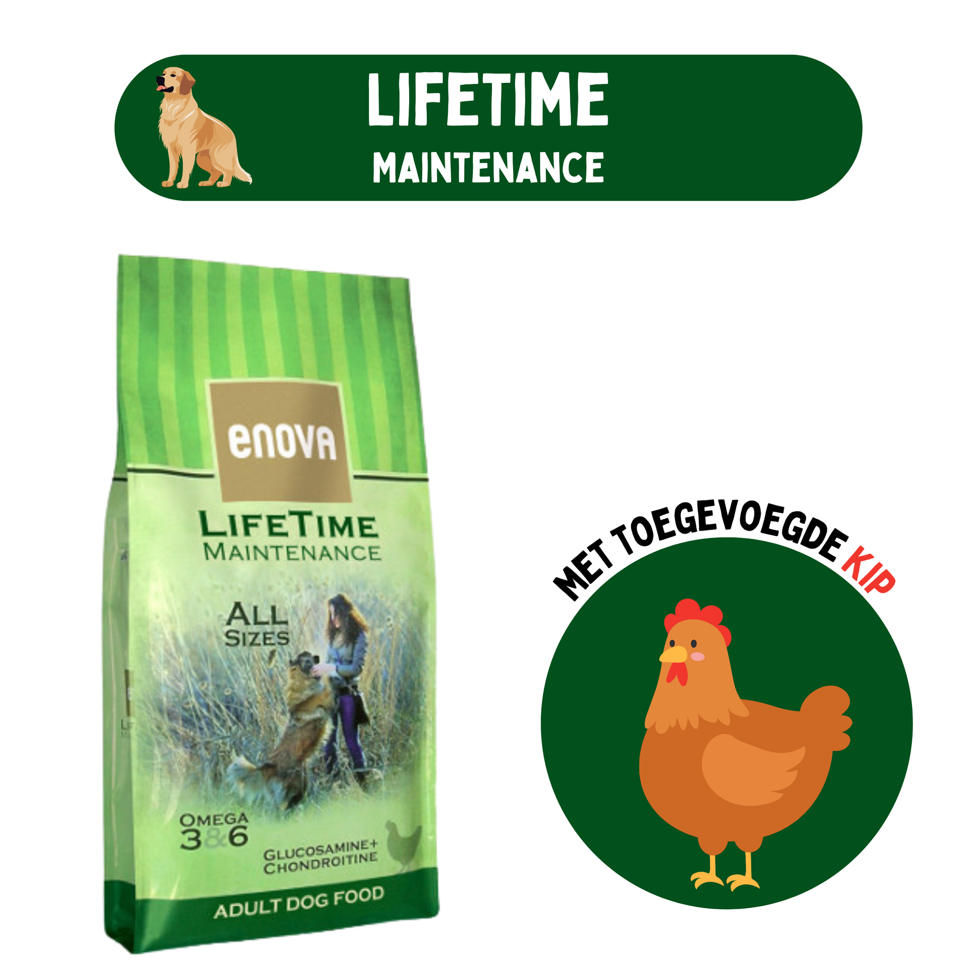 Zak Enova LifeTime Maintenance hondenvoer met kip, geschikt voor alle volwassen honden, met toegevoegde chondroïtine.
