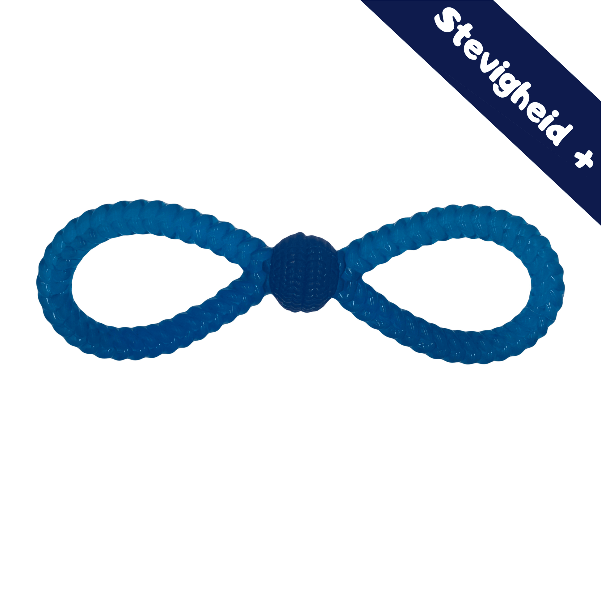 Close-up van een blauwe Fun Flos met stevige structuur, ontworpen voor kauwen, trekken en gooien.