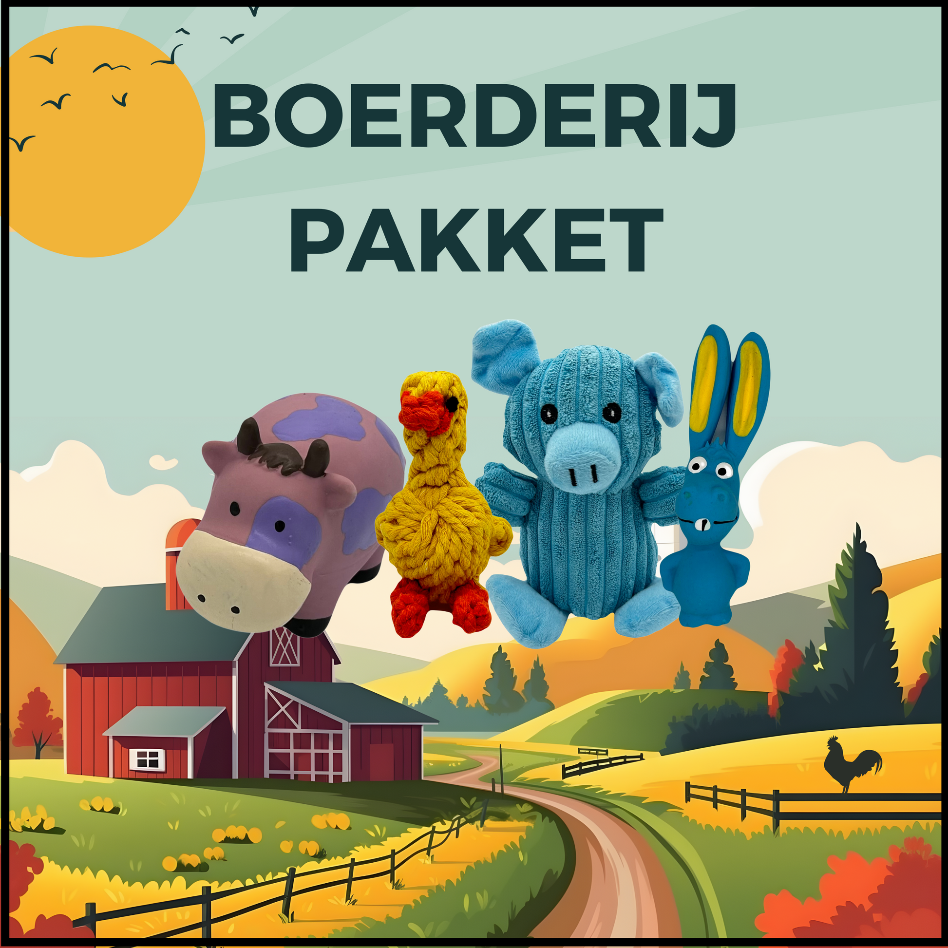 Boerderij pakket hondenspeelgoed met een koe, eend, varken en ezel tegen een boerderij-achtergrond met zonsondergang.