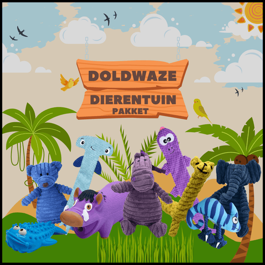 Illustratie van het Doldwaze Dierentuin Pakket met kleurrijke hondenspeeltjes in dierenvormen, perfect voor speelplezier.