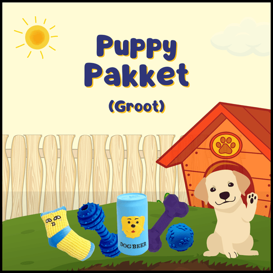 Illustratie van een Puppy Pakket (Groot) met een pup, hondenhok en speelgoed: sok, dog beer, blauwe bal, bot en kauwspeelgoed
