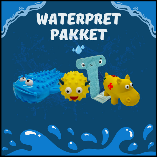 Waterpret pakket hondenspeelgoed met een blauwe vis, gele kogelvis, blauwe hamerhaai en een nijlpaard op een waterachtergrond