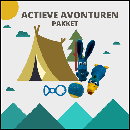 Actieve Avonturen pakket, hondenspeelgoed set met blauwe ezel, eendenspeeltje, kauwring, en bal, voor actieve honden.