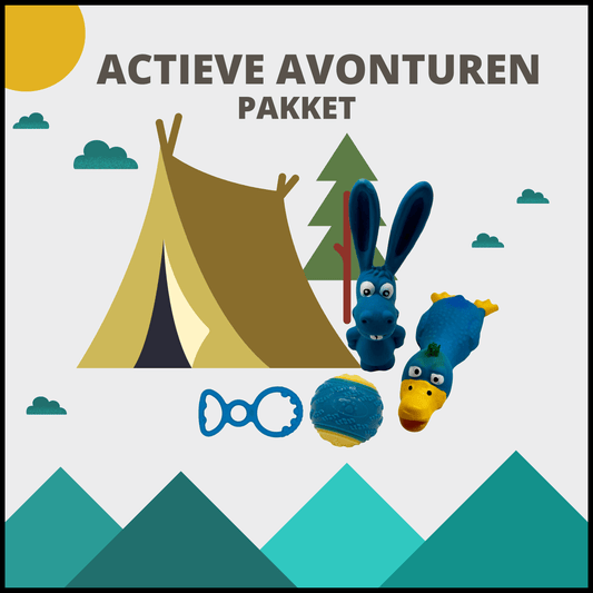 Actieve Avonturen pakket, hondenspeelgoed set met blauwe ezel, eendenspeeltje, kauwring, en bal, voor actieve honden.