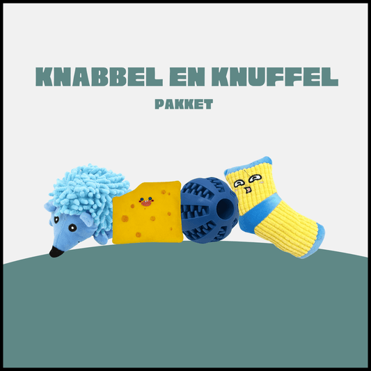 Knabbel en Knuffel pakket, hondenspeelgoed set met blauwe egelknuffel, kaasvormig speeltje, blauwe bal en gele sokknuffel.