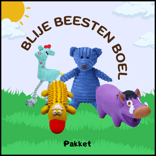 Blije Beesten Boel pakket set van hondenspeelgoed met een blauwe knuffelbeer, giraf, eend en een paars zwijn op een grasveld.