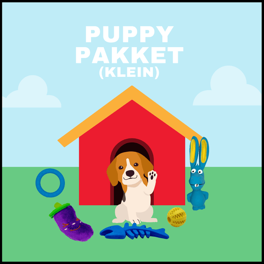 Illustratie van puppy pakket (klein) met hondenspeeltjes: blauwe ring, latex ezel, pluche aubergine en kauwspeelgoed