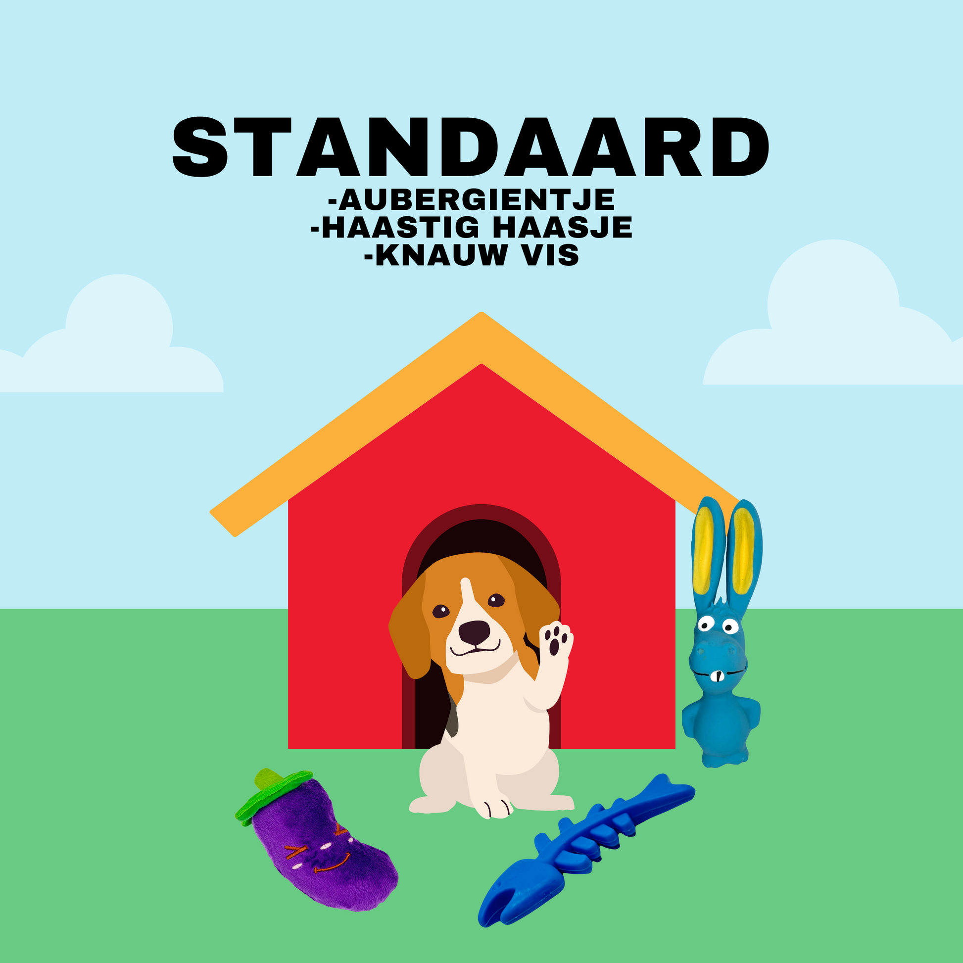 Illustratie van een hondenpakket Standaard met hondenspeeltjes: pluche aubergine, latex ezel en blauwe kauwvis voor honden.