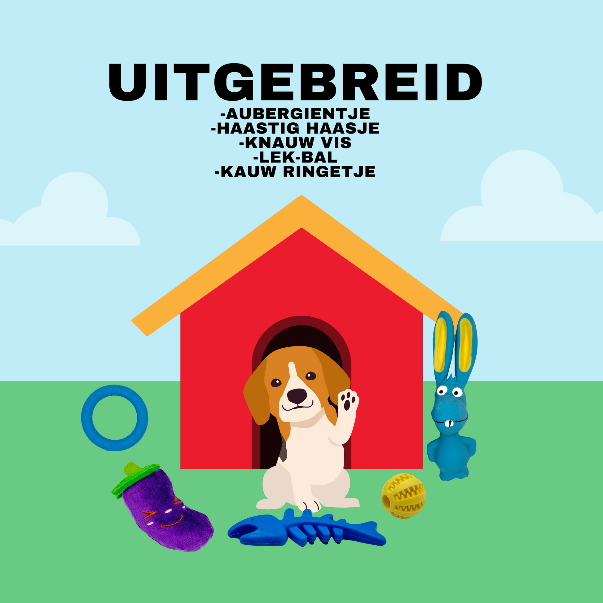 Illustratie van een uitgebreid puppypakket met speeltjes: aubergine, ezel, kauwvis, lek-bal en kauw ringetje voor honden