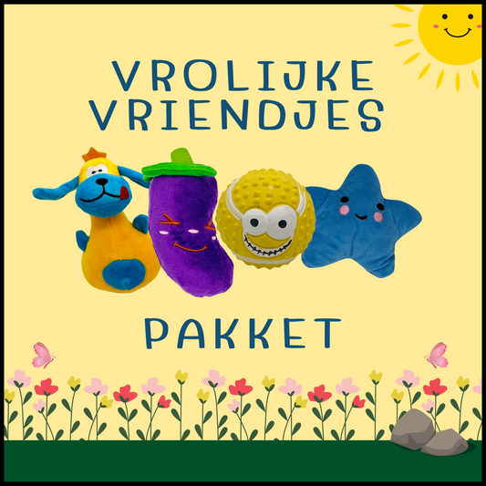 Vrolijke Vriendjes Pakket: een kleurrijke set hondenspeeltjes in de vorm van een hond, aubergine, bal met tanden en ster.