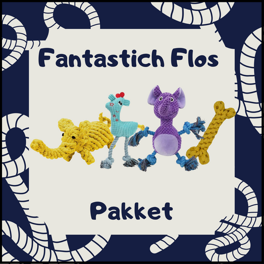Fantastich Flos Pakket: een selectie van flos hondenspeeltjes in de vorm van een olifant, giraf, vleermuis en bot.