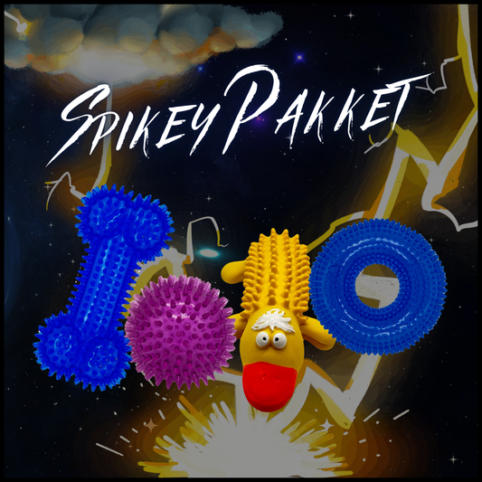 Spikey Pakket, hondenspeelgoed set met stekelige bal, kauwbot, ring en eend, ideaal voor speelplezier.