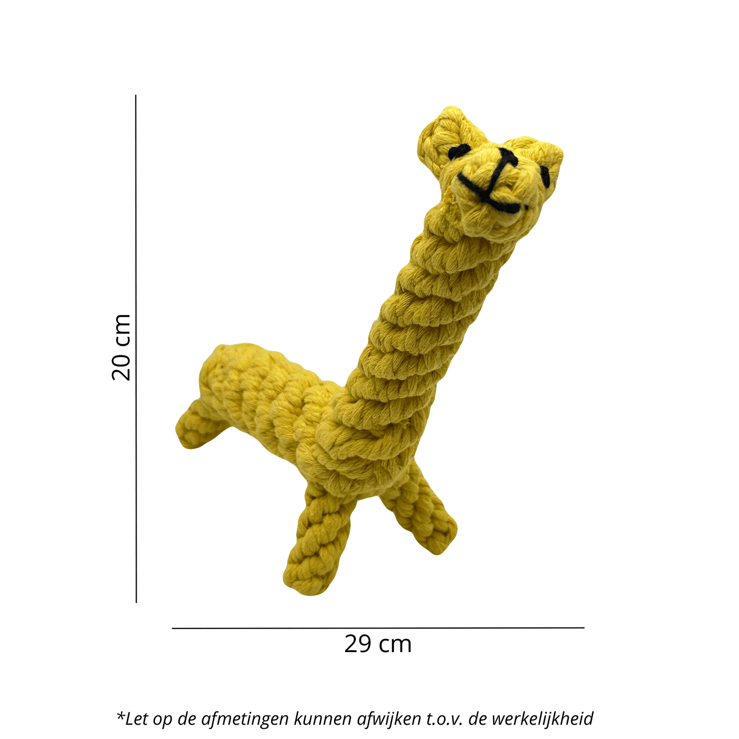 Afbeelding van een geel giraffe flosspeeltje met afmetingen van 29 cm x 20 cm.