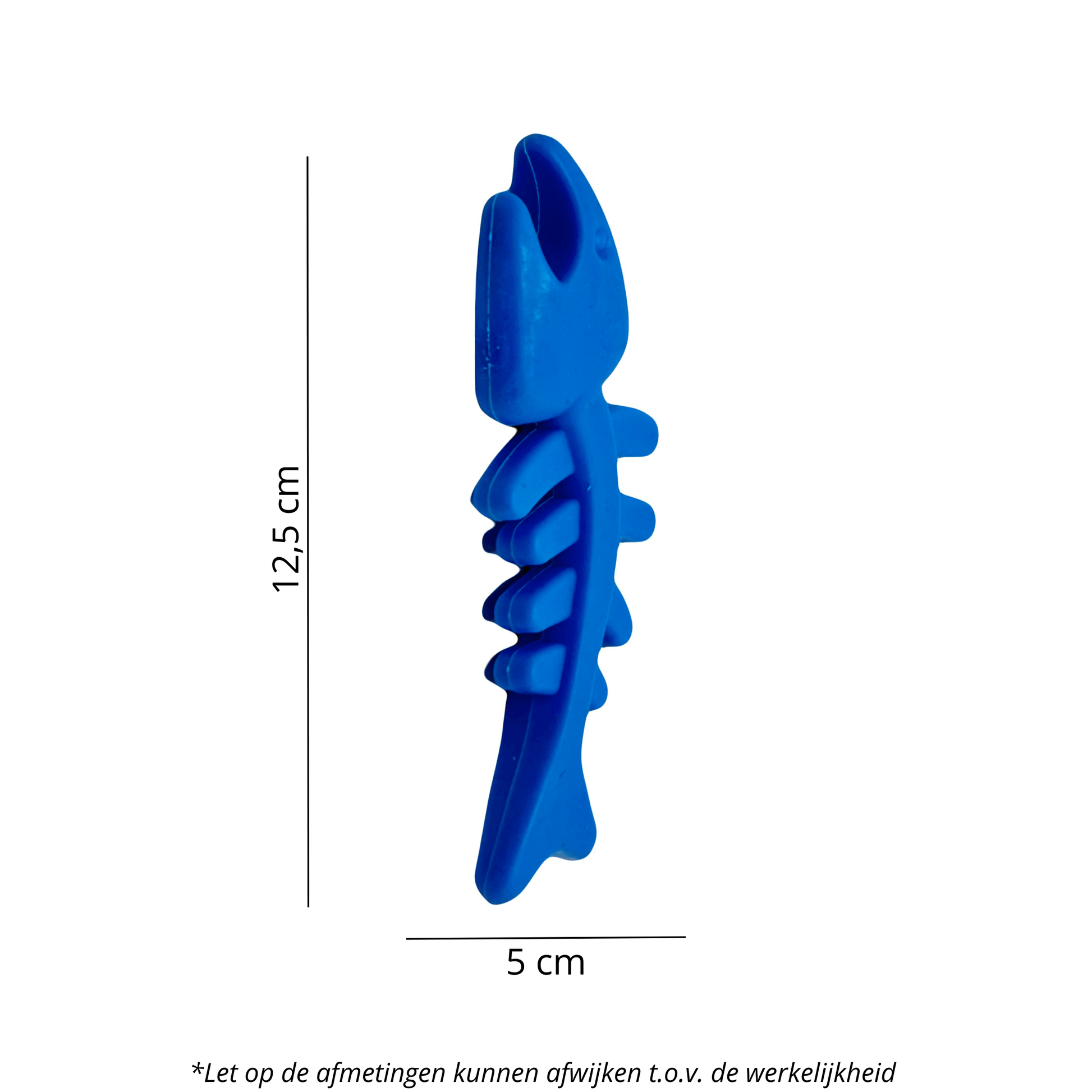 Blauw visgraat hondenspeeltje, 12.5 cm hoog en 5 cm breed, perfect voor kauwplezier.