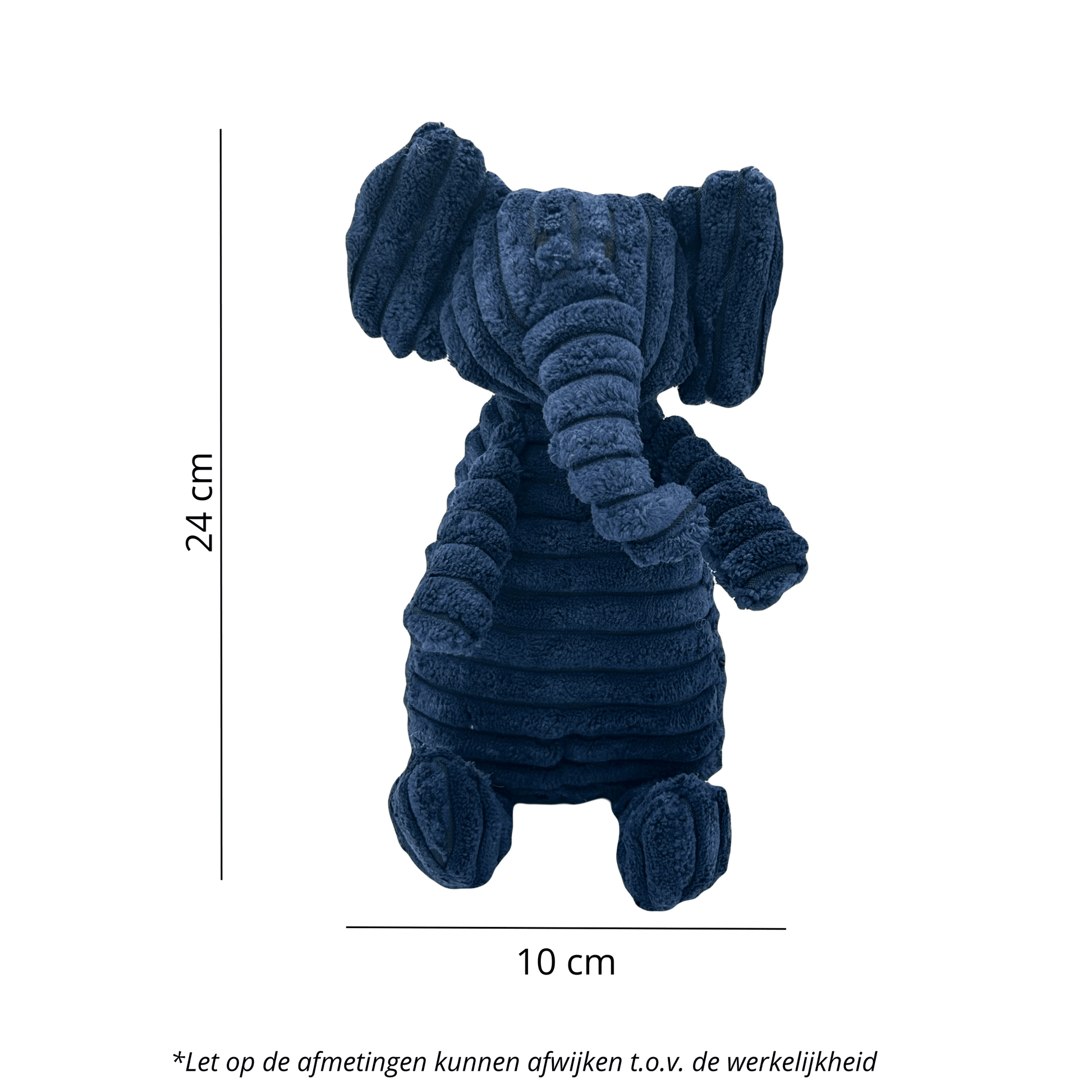 Zachte hondenknuffel Ollie Olifant in donkerblauw met afmetingen van 24 cm hoog en 10 cm breed.