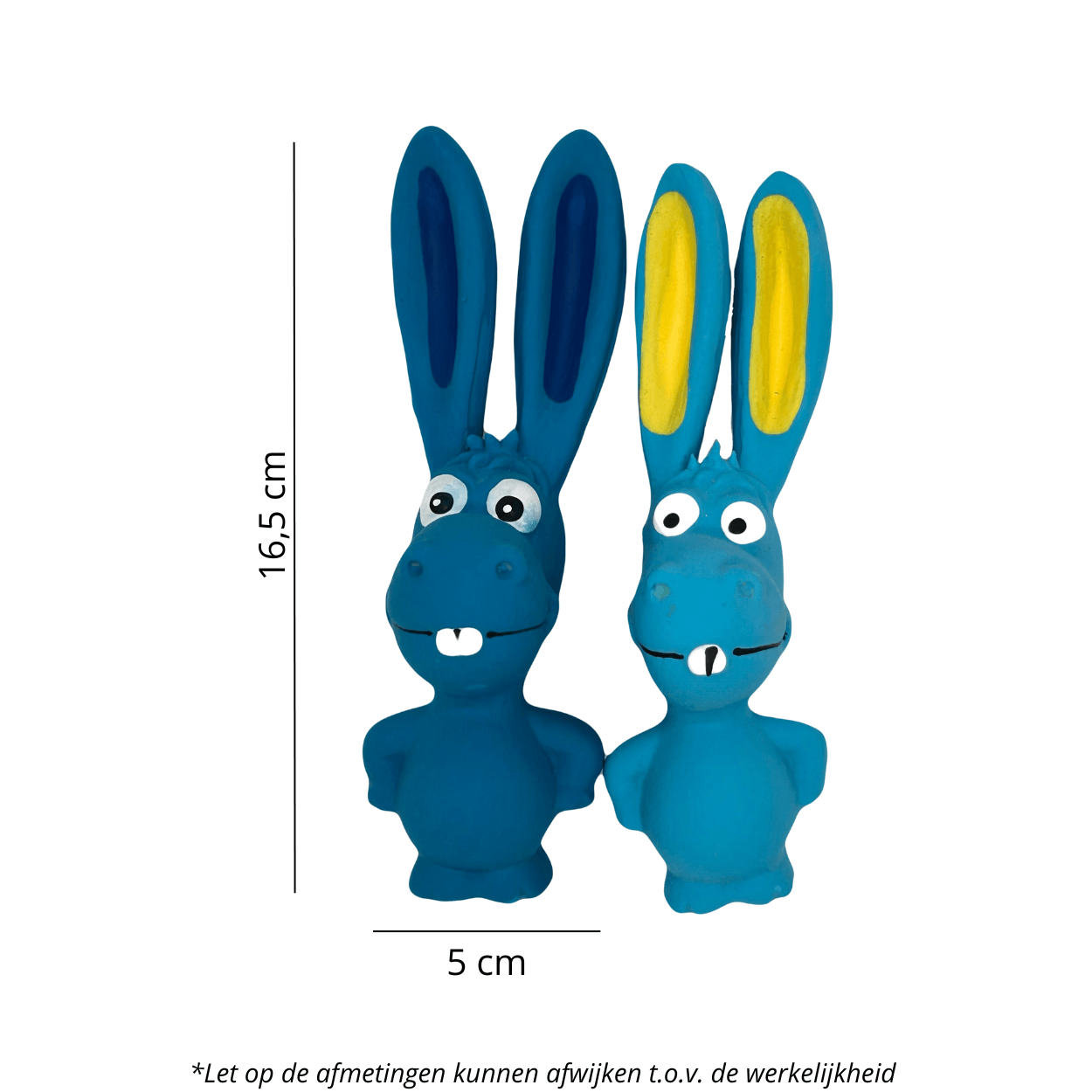 Twee blauwe konijnenspeeltjes met grappige gezichten en lange oren, afgebeeld met afmetingen ter referentie.