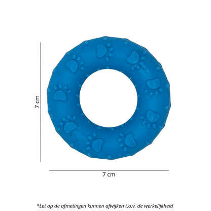 Leuke hondenspeeltjes: Blauwe bijtring met pootafdrukken, 7 cm groot, perfect voor kauwplezier en tandverzorging.