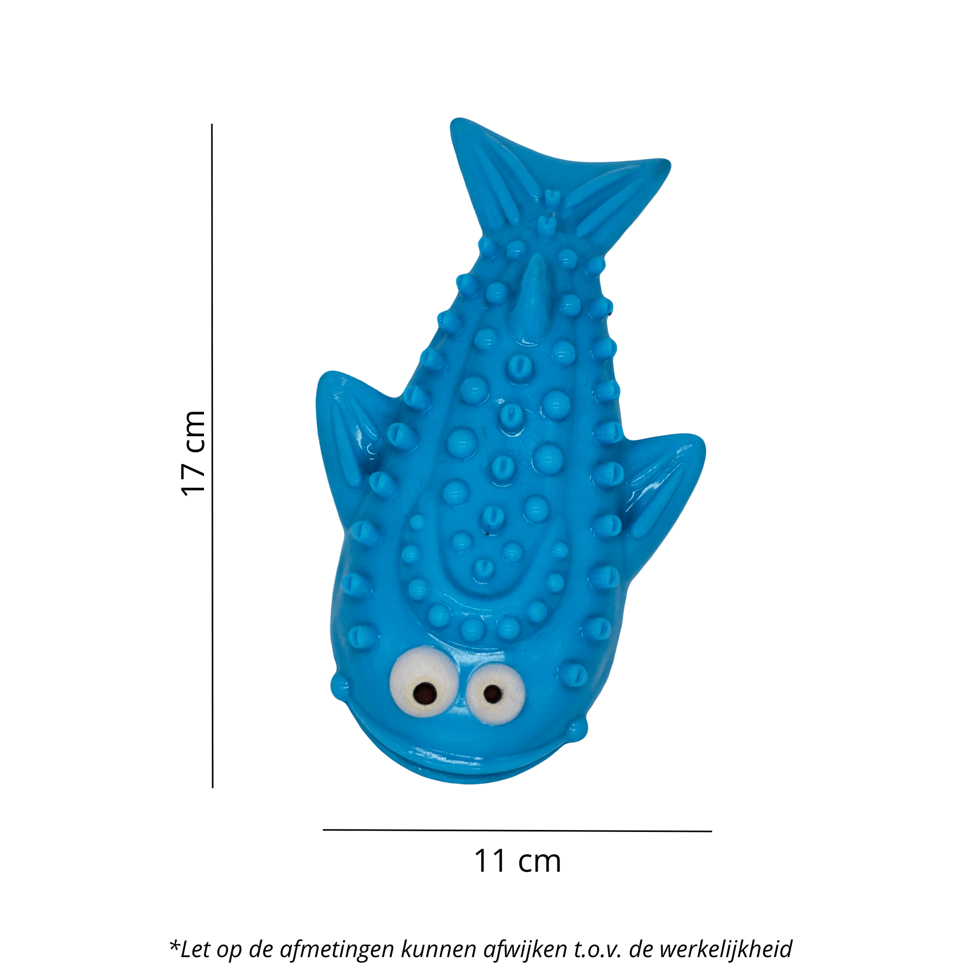 Blauwe hondenspeelgoedvis met textuur en grappige ogen, ideaal voor kauwplezier. Afmetingen: 17 cm x 11 cm.