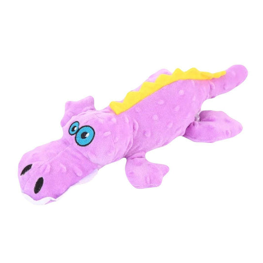 Zachte paarse pluche dino met blauwe ogen en een gele rugkam, ontworpen als een hondenspeeltje.