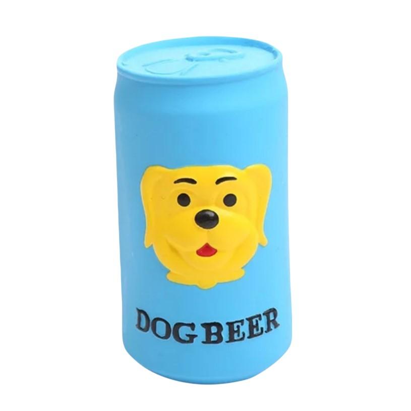 Speelgoed blikje met daarop het hoofd van een hondje met de tekst dog beer. Speelgoed hondenbier