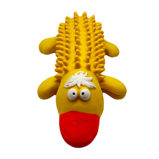 Geel hondenspeeltje in de vorm van een eend met een rode snavel, grappige ogen en een noppenstructuur op de rug.