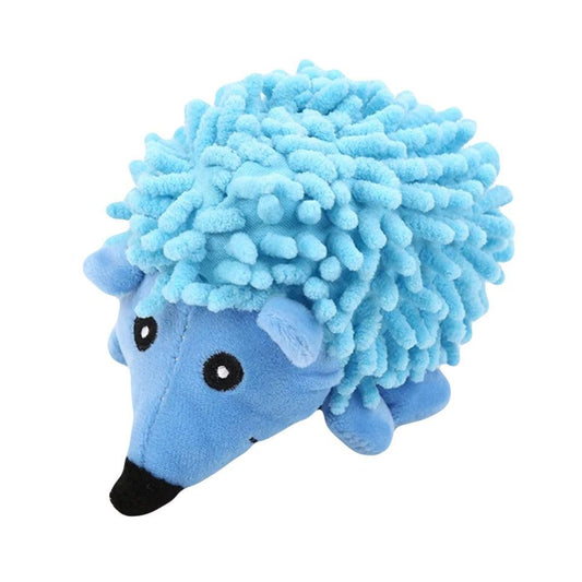 Blauw pluchen egel hondenspeeltje met zachte stekels en een schattig gezicht, perfect voor knuffel- en speelplezier.