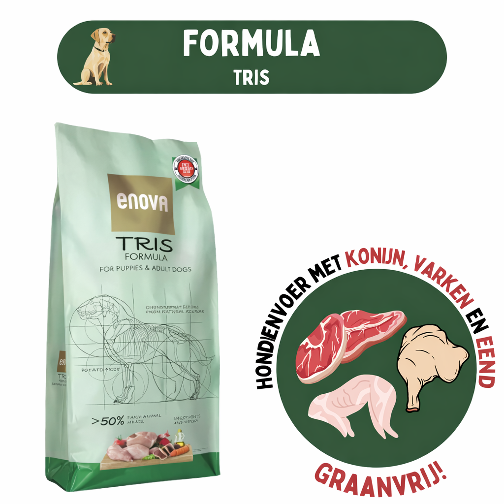 Enova Tris Formula hondenvoer, graanvrij, met konijn, varkensvlees en eend. Geschikt voor puppy’s en volwassen honden.