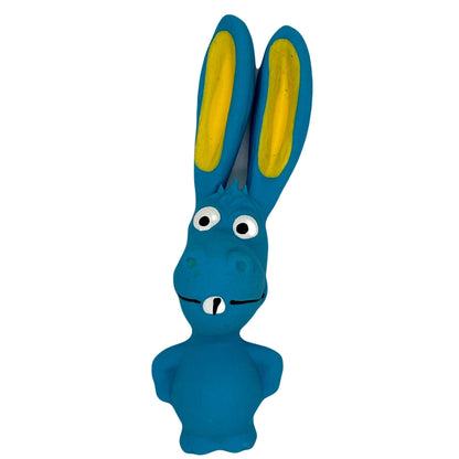 Blauw latex ezelspeeltje met lange gele oren en een scheve lach, met een beschadigde punt aan één oor.