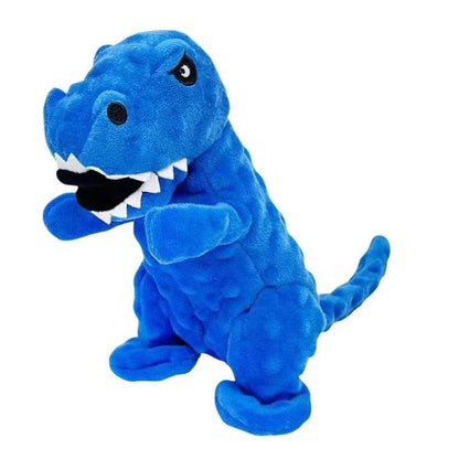 Blauwe pluche dino hondenspeeltje met scherpe tanden, zachte stof en speels ontwerp.
