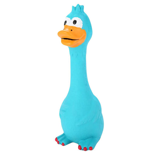 Latex hondenspeeltje in de vorm van een lichtblauwe eend met een oranje snavel en rode voetjes, ideaal voor speelplezier.