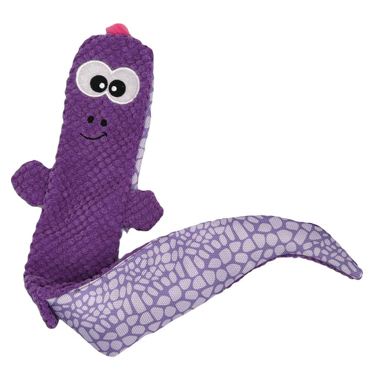 Paarse pluche hagedis-hondenspeeltje met een vrolijk gezicht en een lange, flexibele staart met schubbenpatroon.