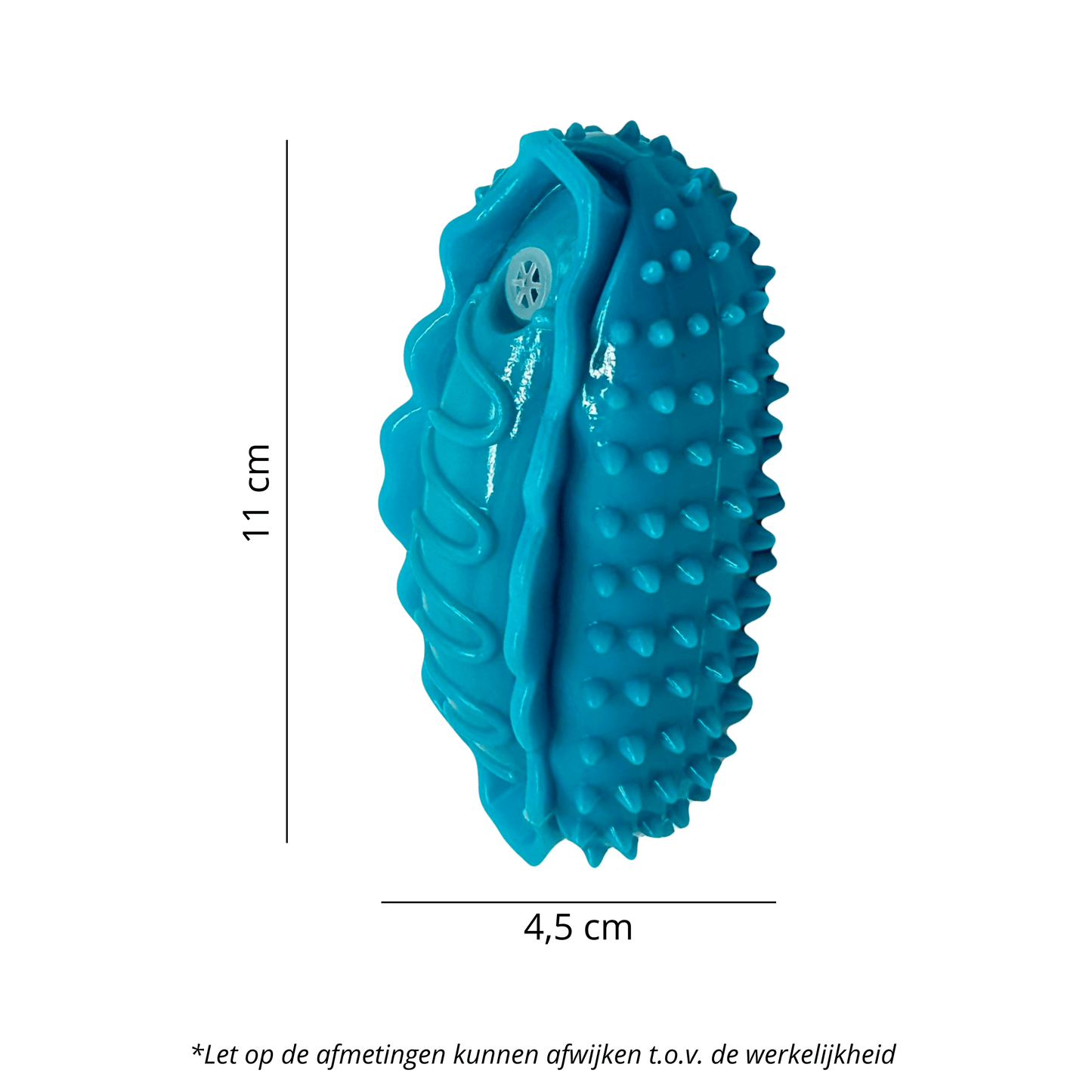 Blauw hotdogvormig hondenspeeltje met noppenstructuur en een piepgeluid, afmetingen 11 cm x 4,5 cm.