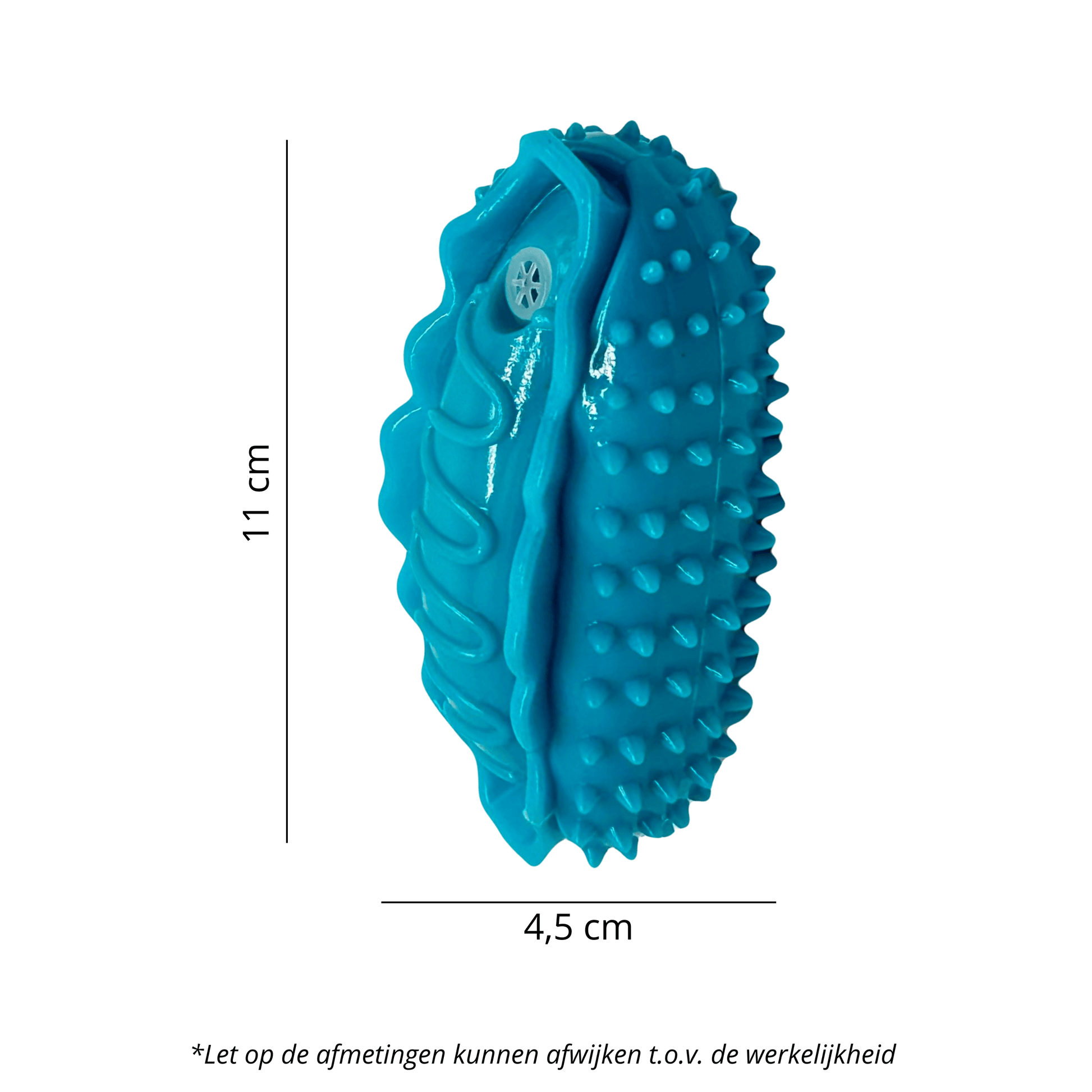 Blauw hotdogvormig hondenspeeltje met noppenstructuur en een piepgeluid, afmetingen 11 cm x 4,5 cm.
