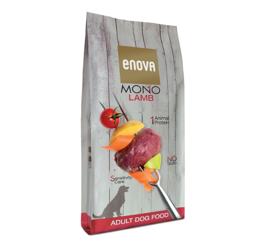 Grote zak Enova Mono Lamb hondenvoer met lam, glutenvrij en rijk aan eiwitten.